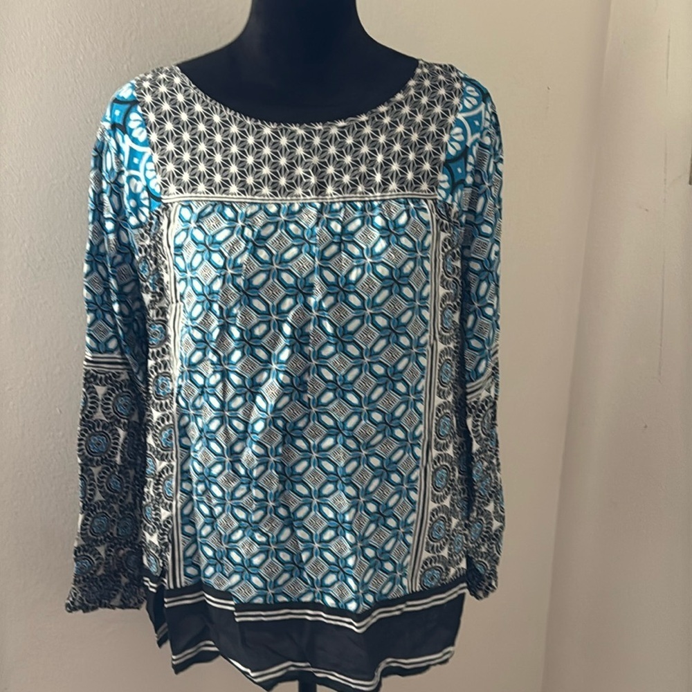 LOFT boho black turquoise print top blouse back keyhole long sleeves blouse Sz L